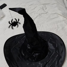 Black Fabric Witch Hat w/ Hanging Spider, Adult Unisex One Size Halloween
