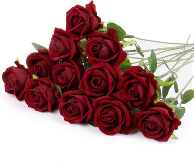 12 Pcs Artificial Rose Flowers, Dark Red Silk Roses with Long Stems, Realistic F