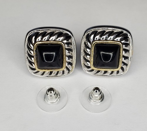 Retro Pierced Earrings 0.5in Silver Tone Faux Onyx Square Gold Trim Rope Estate - Picture 9 of 23