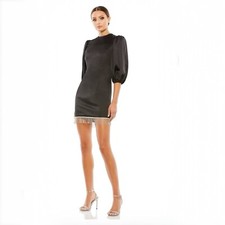 Women's Mac Duggal 26672 Cocktail Party Dress Black Satin Minidress Jewel Fringe