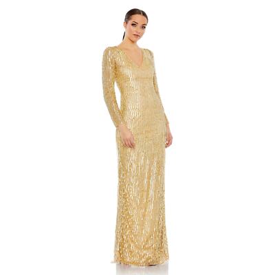 Sequined Long Sleeve V Neck Beaded Fringe Gown - Mac Duggal Gold / 10