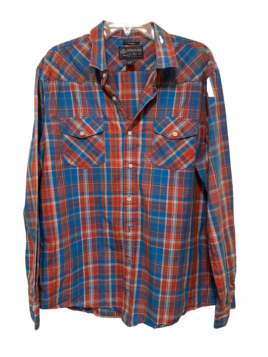 American Rag Mens XL Blue Red Plaid Flannel Button Up Collared Long Sleeve