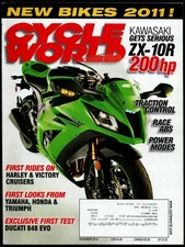 NOVEMBER 2010 CYCLE WORLD MAGAZINE, KAWASAKI ZX-10R & KX450F, DUCATI 848 EVO