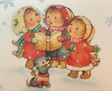 Christmas Card Vintage Image Caroling Children Religious Money Insert Set x3 NEW