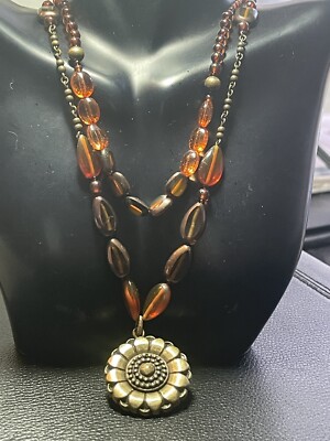 Double Strand Root Beer/Orange Lucite Beaded Necklace/Flower Pendant, Signed LC