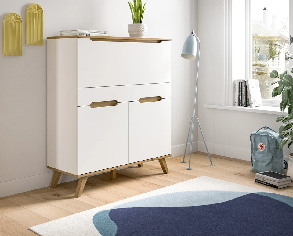 Sekretär matt weiß echt und Eiche Schreibtisch Kommode Soft-Close 8 Fächer Hygge - Bild 3 von 4