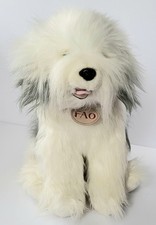 FAO SCHWARZ OLD ENGLISH SHEEPDOG PLUSH, OPEN MOUTH, RED COLLAR, STUFFED ANIMAL