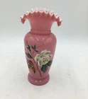 Pink Opalescent Ruffled Vase Hand Painted Floral Rose Vintage 11 Inch