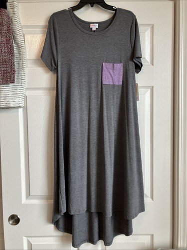 Lularoe Carly Gray W/Purple Pocket Short Sleeved Dress High Low Hem Size M NWT