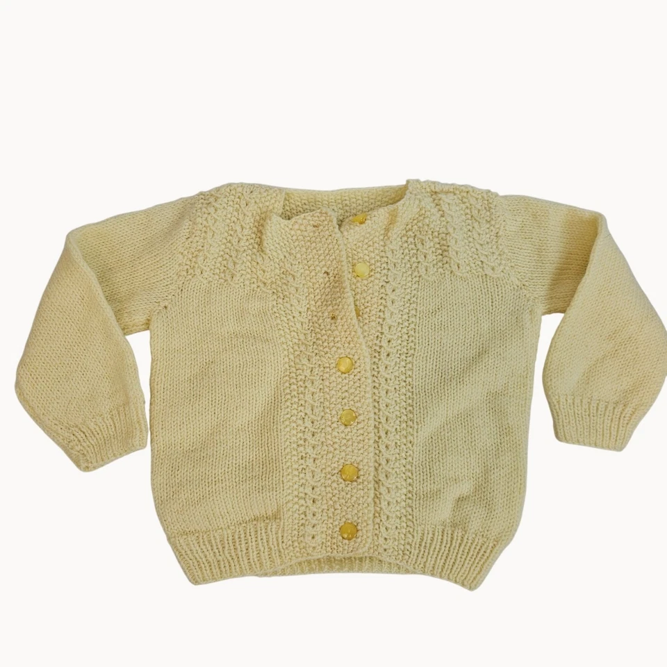 VTG Babies 12M-1Y Cardigan + Bonnet Hat/Silk Tie Set Yellow Knit Formal Event - Image 3 of 4