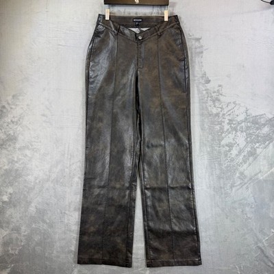 New PrettyLittleThing Faux Leather Dip Waist Flared Trousers Women's 8 Brown