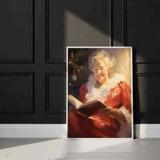Vintage Christmas Wall Art Mrs Claus Reading Book Printable Christmas Oil