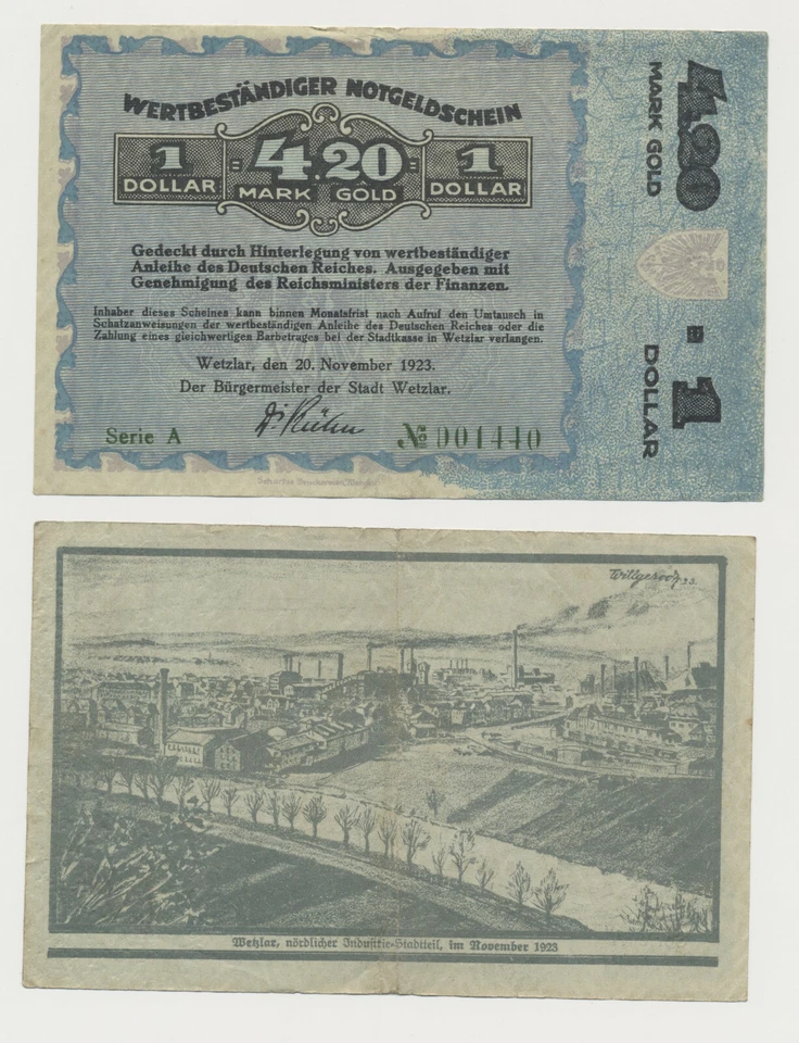 Wetzlar Wertbeständige Notgeld 4,20 Gold Mark = 1 Dollar 20. Nov. 1923 ( 1092 - Bild 1 von 1
