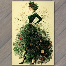 POSTCARD Green Victorian Dress Christmas Lady Holiday Elegance Festive Xmas