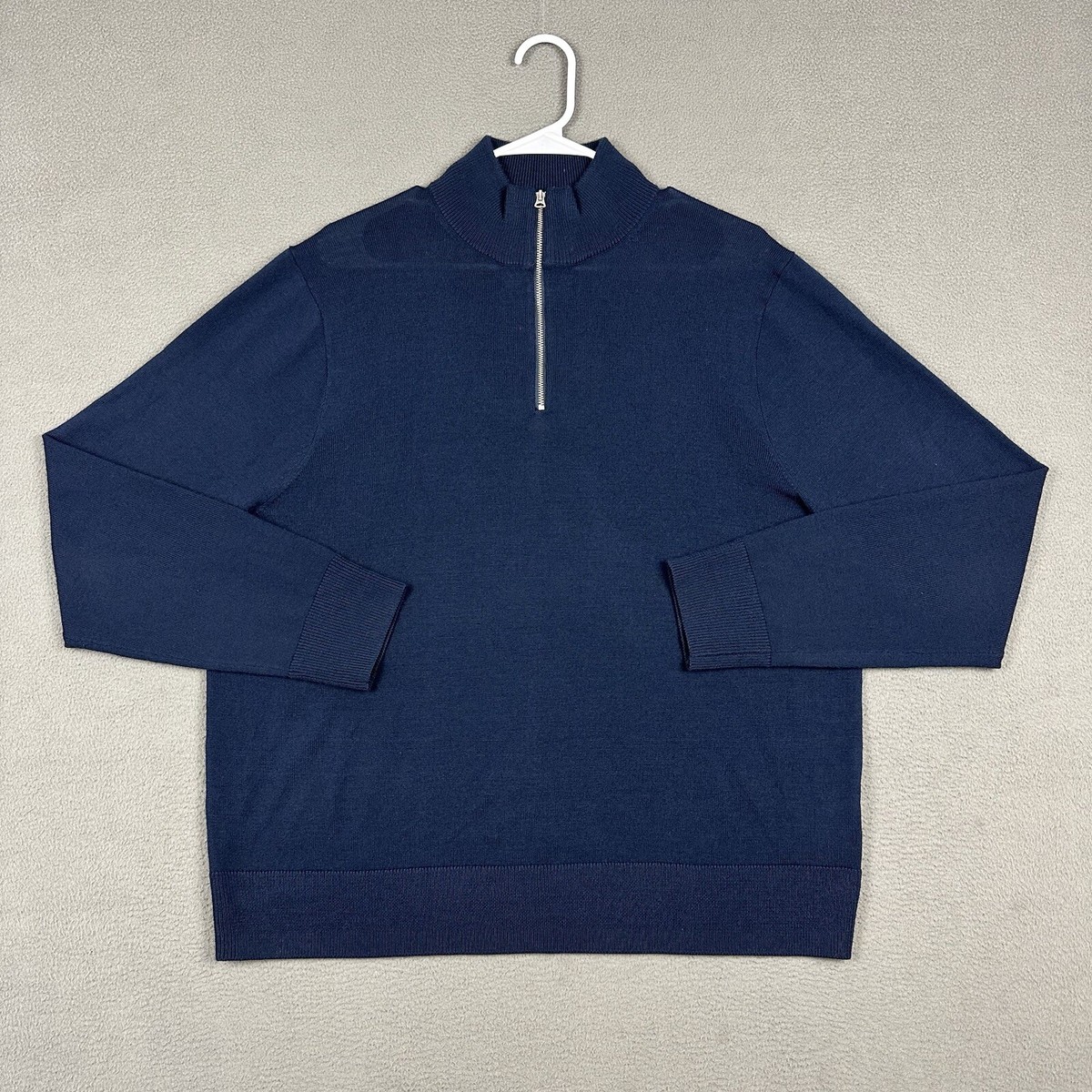 J Crew Sweater Mens XL Blue Merino Wool Half Zip Pullover Mock Neck EUC