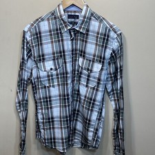 ZARA Camicia Uomo M Bottoni Plaid Patta Tasche Bianco Marrone Verde Abito Casual