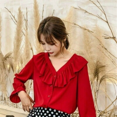 Damen Rüschen Bluse Hemd V Ausschnitt Langärmliges Oberteil Retro Stil Lolita