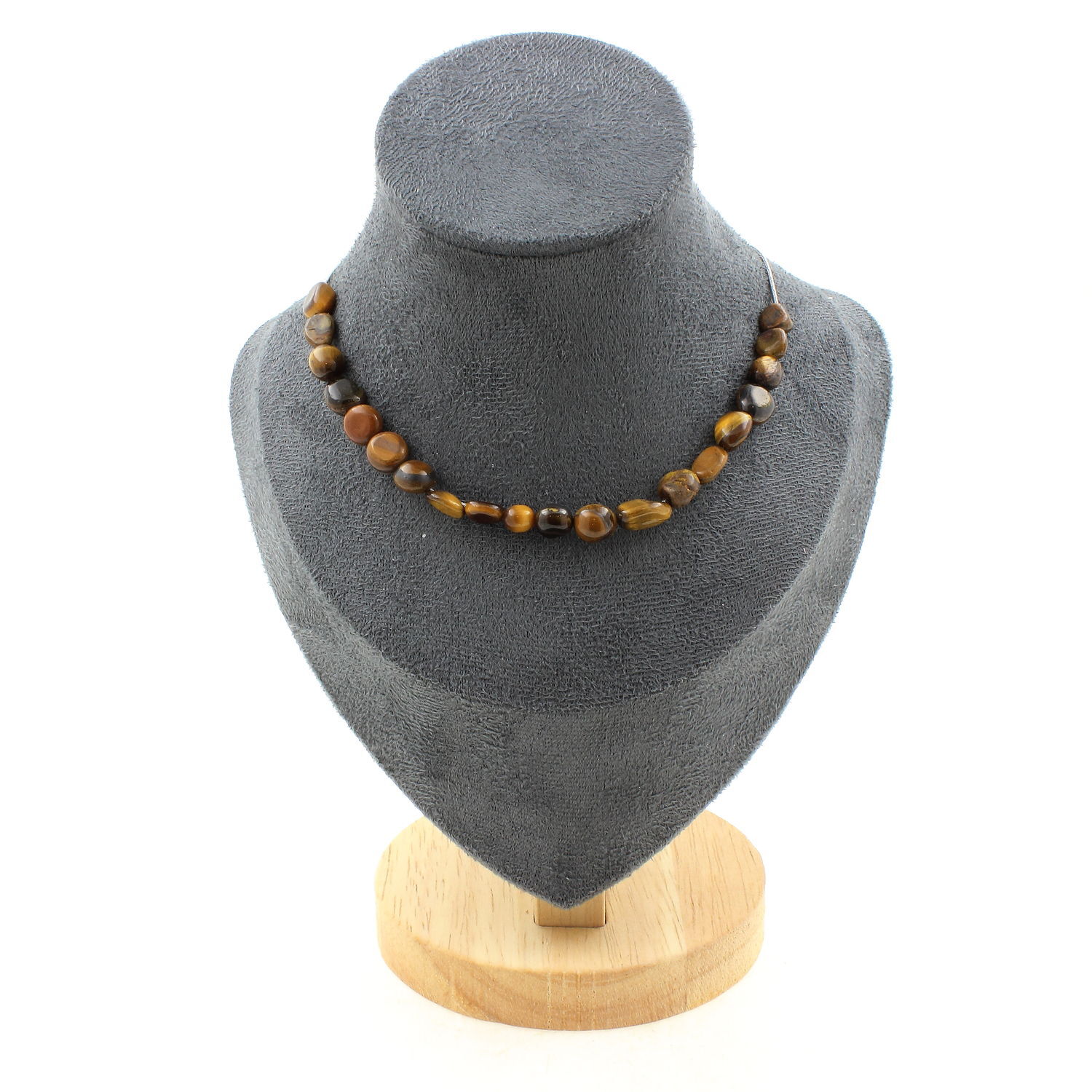 Collier perles Oeil de Tigre d'Afrique du Sud anti-ternissement chaine acier femme