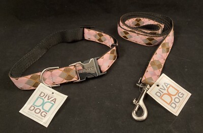 New DIVA DOG 16 -24  Collar and 4 Ft. Leash Set Pink Argyle ~ New With Tags