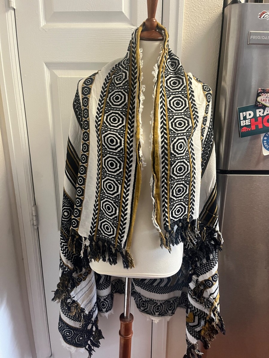 ZARA Shawl Wrap Blanket Scarf Mustard/Black/Cream Oversized 45 X