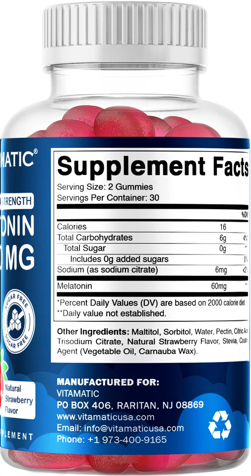 Vitamatic Melatonina sin azúcar 30 mg por gomita - 60 porciones - 60 gominosos vegetarianos Foto 2 de 4