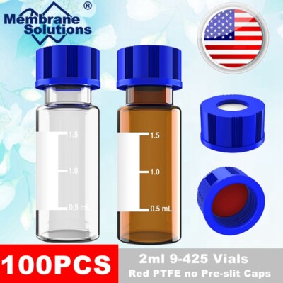 100- 2mL Amber/Clear Autosampler Vials 9-425 Blue Screw Top Caps Legible Mark US