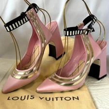 Louis Vuitton Satin pumps Sandals ankle strap chunky heels Size 37 US 6.5