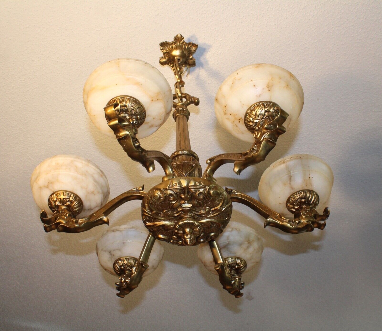 Figural  Antique Light chandelier solid bronze & real alabaster 1920 Dragons 