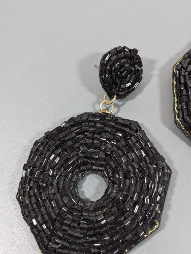 Retro Black Glass BEaded Round Large Runway Boho Evening Felt Back Earrings - Picture 4 of 10