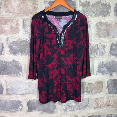 Dana Buchman Women's Red Black Floral Sequin Split Neck 3/4 Sleeve Tunic Top L