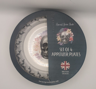 Harvest Green Studio 4pc Porcelain 8in Skull Floral Plates