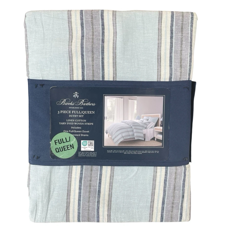 Juego de 3 edredón y farsa Brooks Brothers FULL QUEEN lino algodón rayas azules Foto 3 de 4