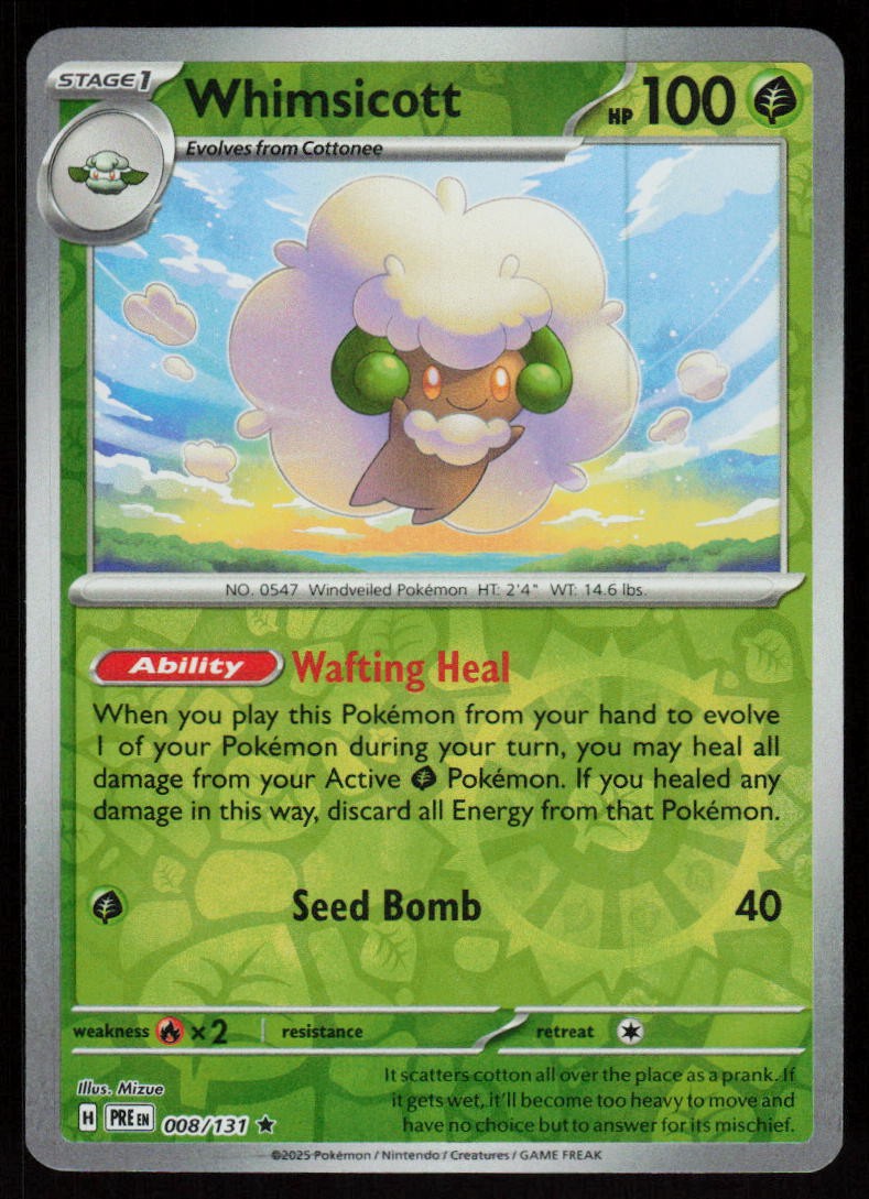 Whimsicott 008/131 Holo Rare Prismatic Evolutions Pokemon Reverse Holo Near Mint