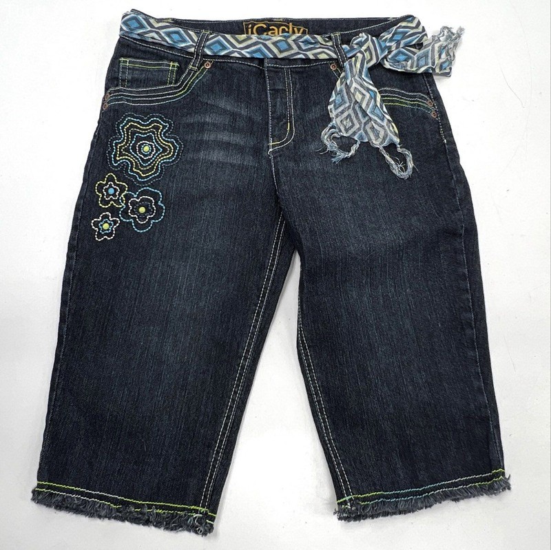 iCarly Girls Dark Wash Embroidered Jean Shorts Capris Sash Belt Sz 16 NWT Y2K