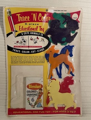 Vintage Westland Trace 'N Color 9-Piece Educational Toy Set w/Animals & Crayons