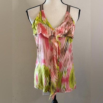 Honey & Tea Anthropologie Pink Green boho tank top v neck ruffled racer back Med