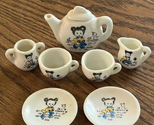 Vintage Mini Porcelain Toy Tea Set 1" to 2" Doll Size Japan Little Girl w/Cat