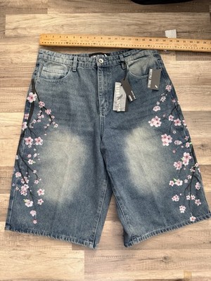 Stone Falcon Cherry Blossom Baggy Denim Jorts Size 34 New With Tags