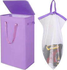 Slim Laundry Hamper with Lid,Large Foldable Laundry Basket with 75L Purple