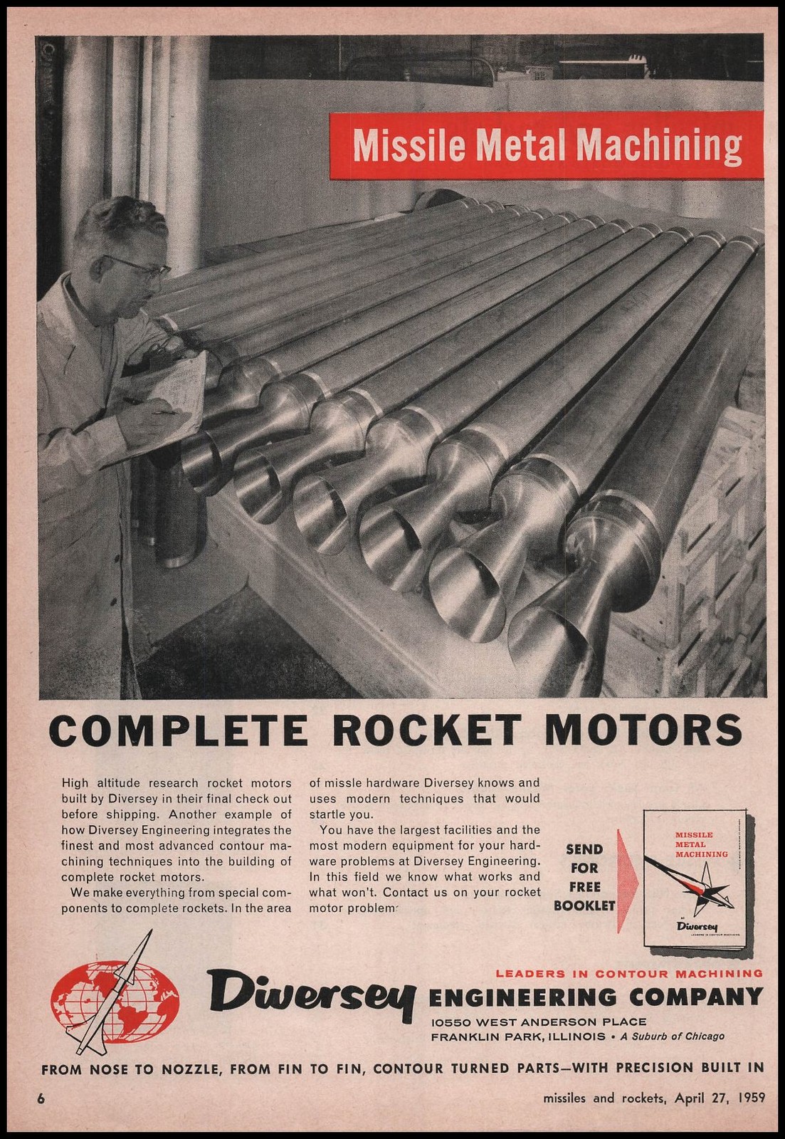 1959 Diversey Co. Photo Engineer Completes Final Check On Rocket Motors Print Ad