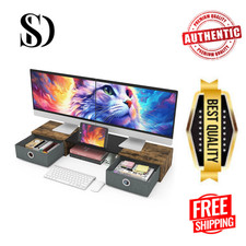 Dual Monitor Stand Riser with Two Drawers, Extra Large Storage for 2 Monitors...