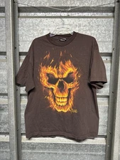Vintage Y2K Exile T Shirt Mens XL Brown Fire Skull ODM Graphic Tee