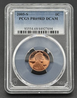 Atemberaubende amerikanische 2005-S 1C bewertet Lincoln Cent Polierte Platte Münze PCGS PR69RDDCAM