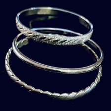 Three 3 Assorted Style Silver Tone Bangle Bracelets 2.5 Inner Dia.Boho Style