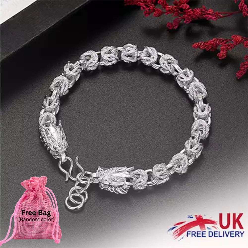 925 Sterling Silver Dragon Head Engrave Link Chain Bracelet Women Men Charm  Gift