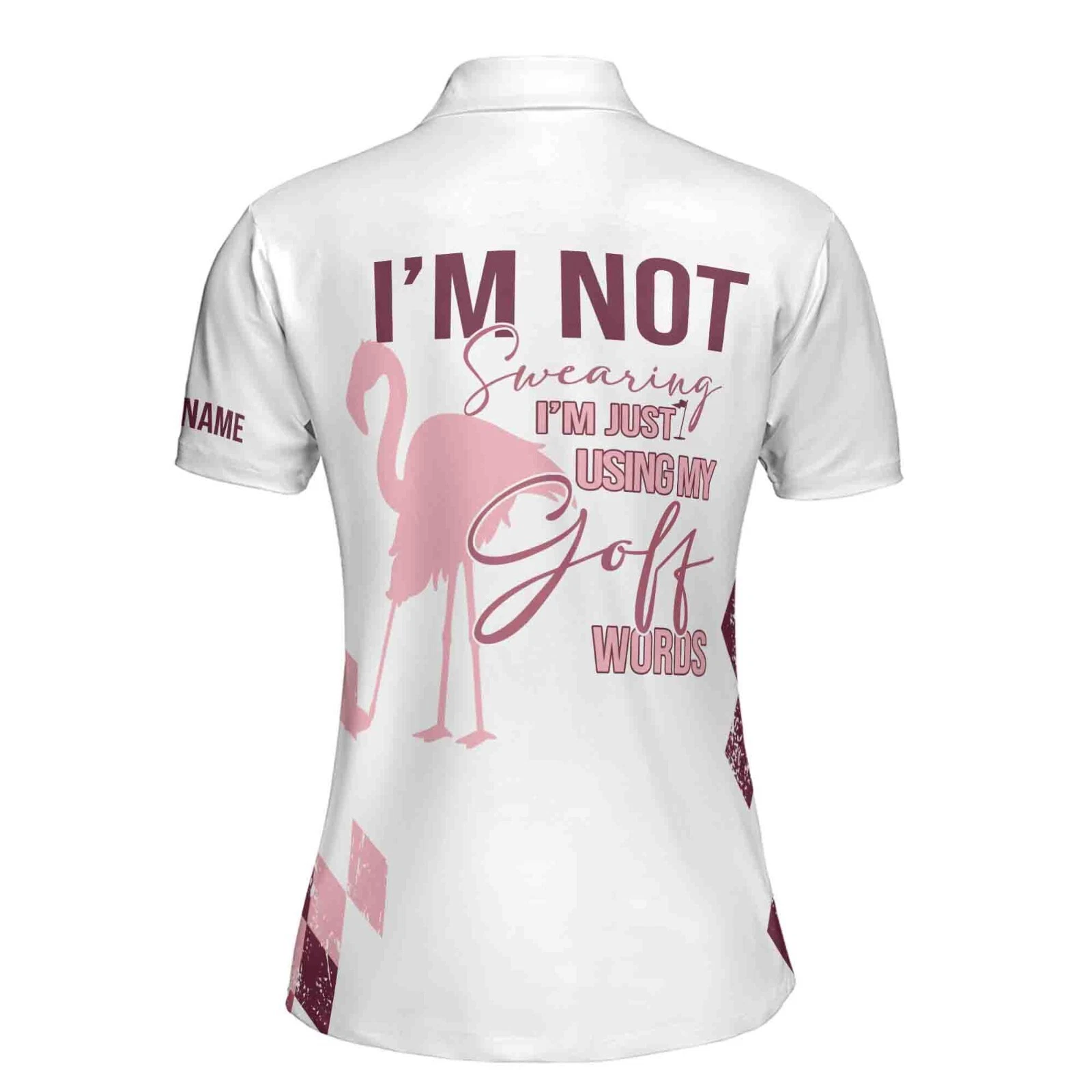 Women's Pink Flamingo Argyle Golf Polo Shirt, Custom Name, Just Swing It