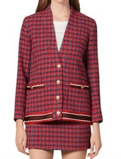 Sandro Paris Tweed Woo Cotton Blend Check Jacket (36)+ Skirt (2) Red