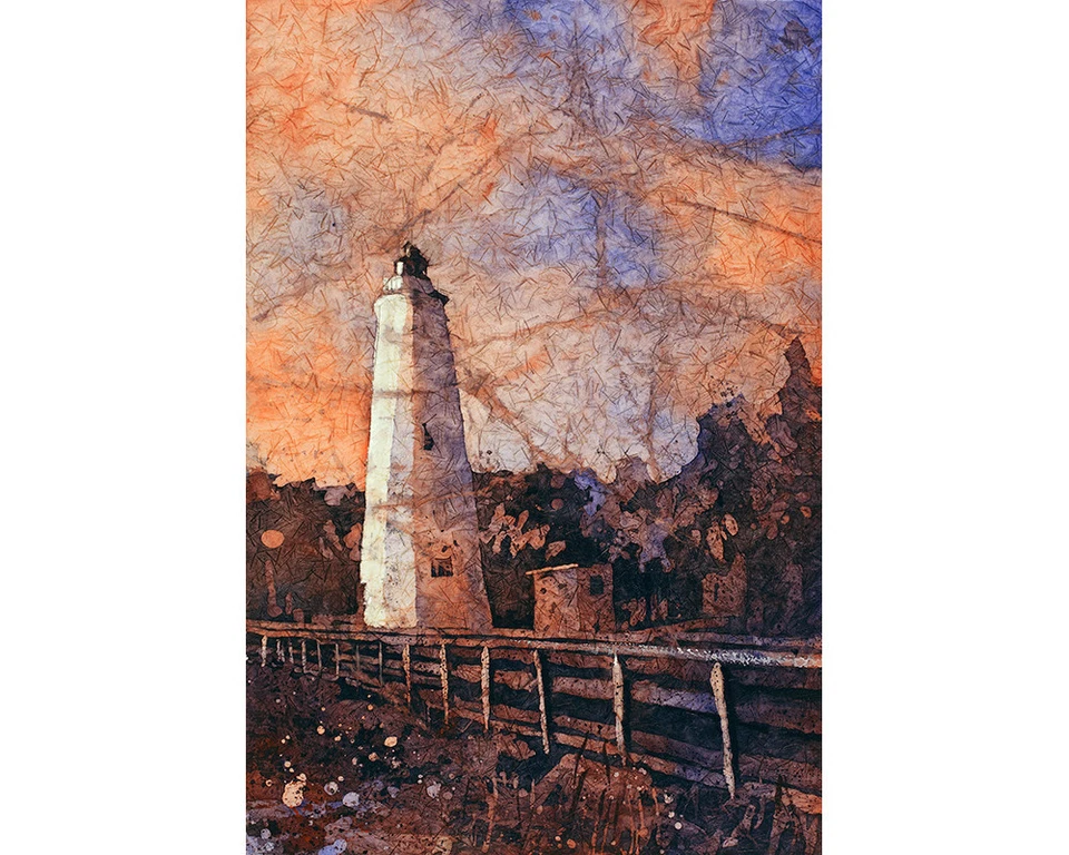 Ocracoke Island Lighthouse watercolor painting. OBX lighthouse art NC (print) - Image 3 of 4