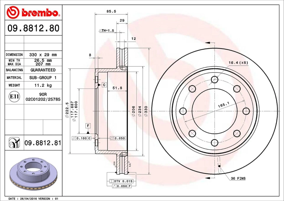 Rotor de freio a disco traseiro Brembo 09.8812.81 330mm para 05-20 Chevrolet Express 3500 - Imagem 3 de 4