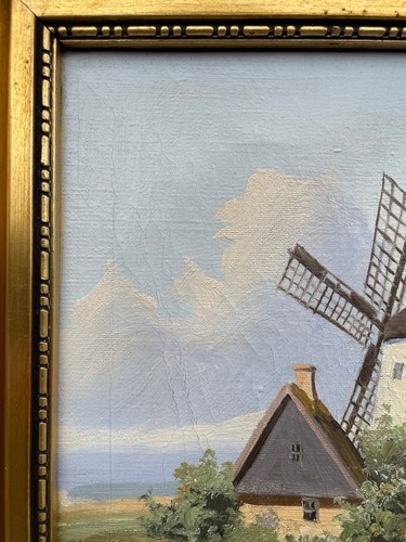 Impresionista soleado paisaje de pueblo granja molino de viento lago pintura al óleo - Imagen 9 de 15